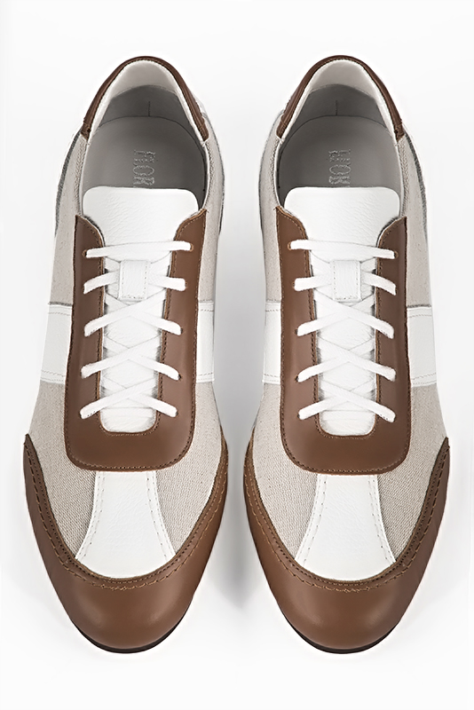 Caramel brown, natural beige and pure white two-tone dress sneakers for men. Round toe. Flat wedge soles. Top view - Florence KOOIJMAN